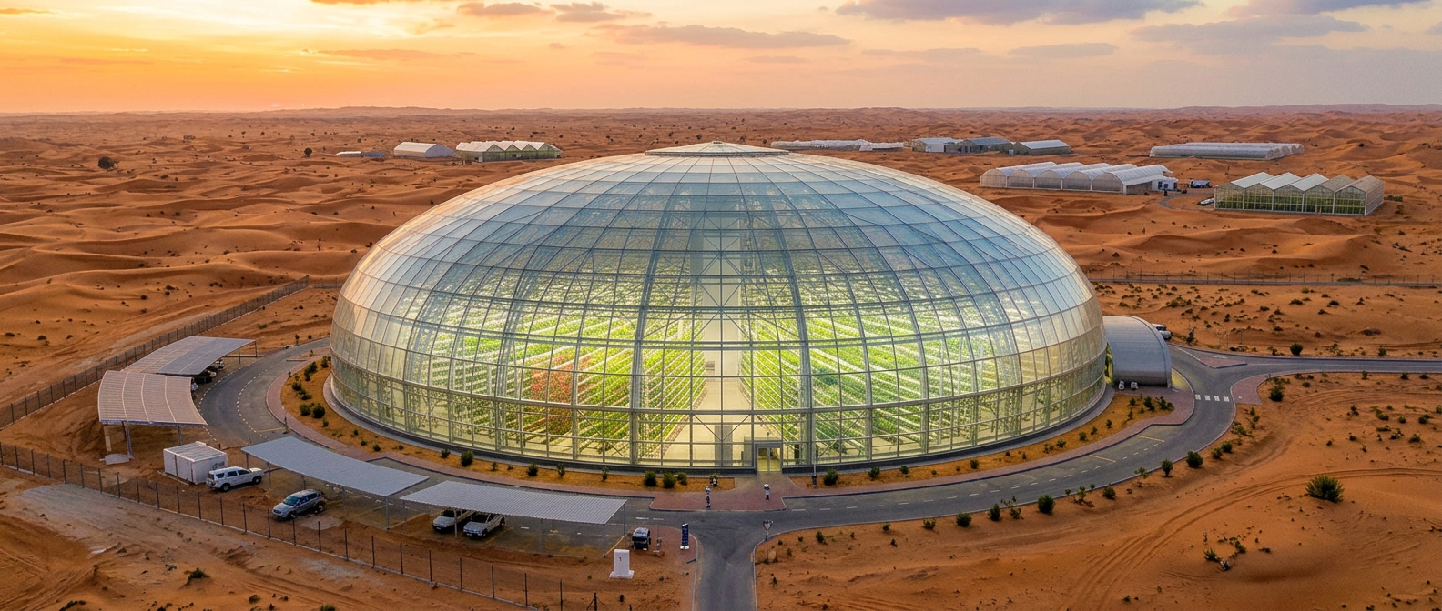 Dome-shaped greenhouse cultivating crops in the middle of a desert landscape