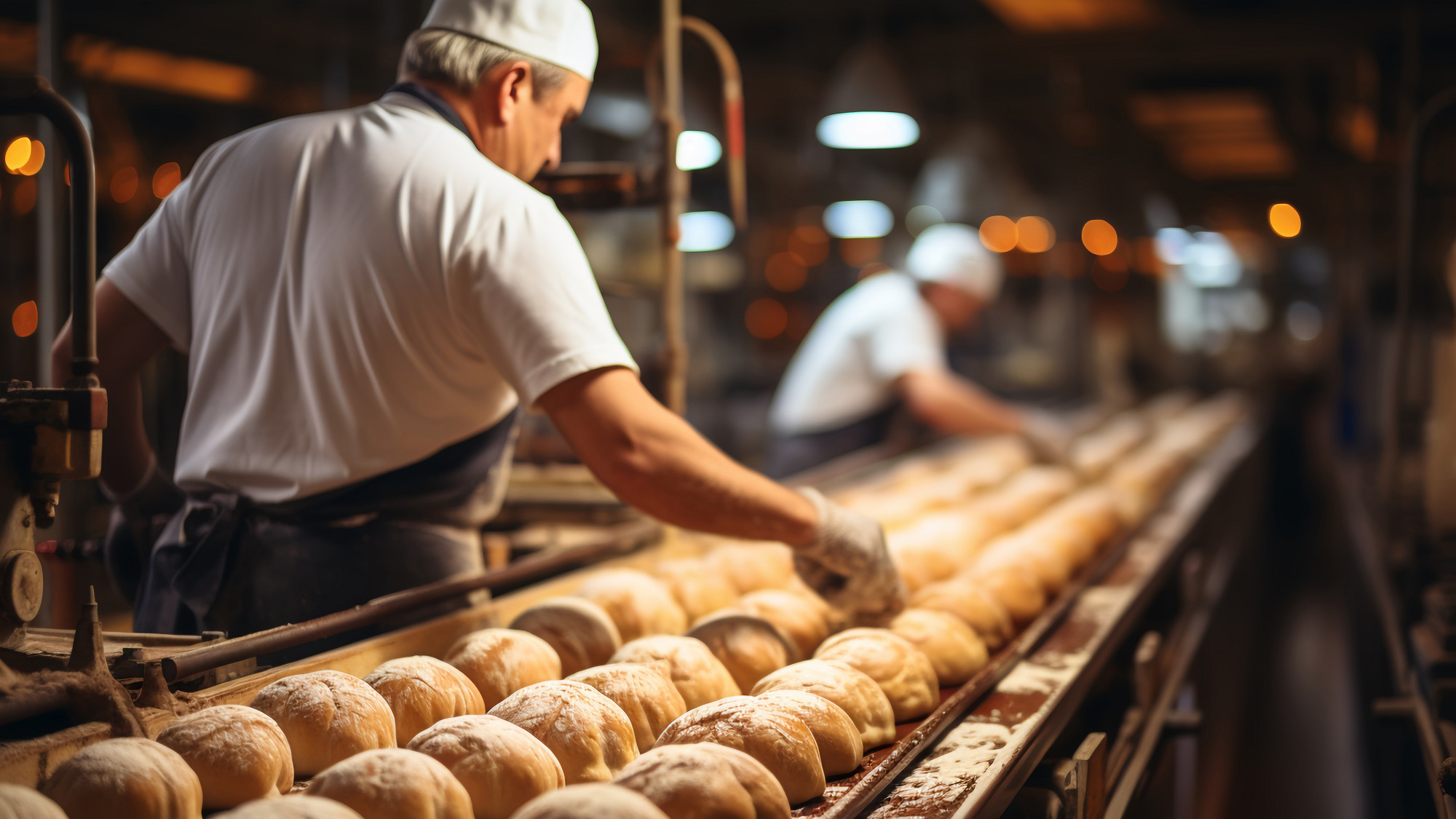 Baker in an industrial bakery checks dough pieces on a conveyor belt lined with rows of bread loaves.